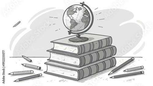 A vector graphic illustration of a globe sitting on top of a stack of books surrounded by pencils