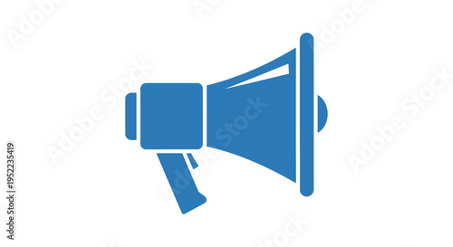 A blue graphic illustration of a megaphone on a white background, with a simple and bold design.