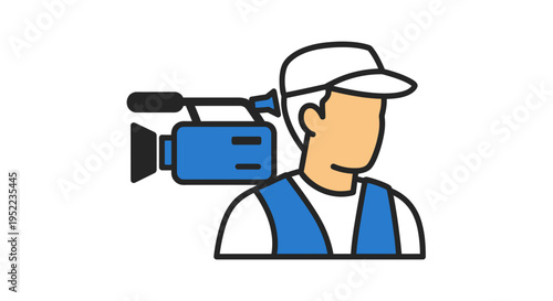 Flat illustration of a cameraman wearing a blue vest and white cap with a video camera on his shoulder against a clean white background.