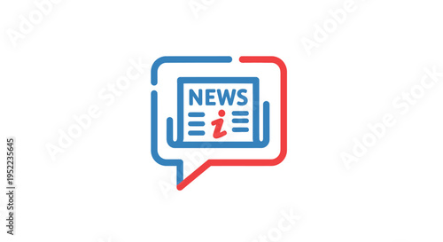 Flat lay of a news logo with a speech bubble on a white background, featuring a blue and red color scheme.