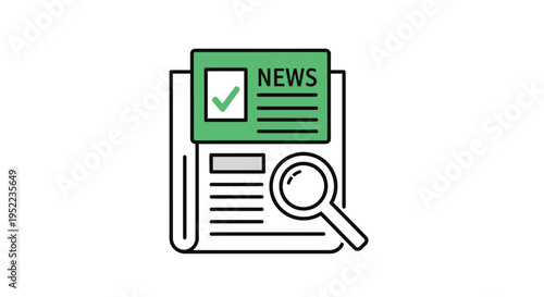 Line drawing of a newspaper with a green headline and magnifying glass on a white background.