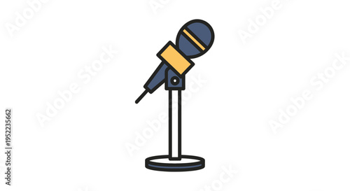 A simple graphic illustration of a microphone on a stand against a white background with a minimalist style.