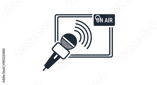 Black and white illustration of a microphone with sound waves and an 'ON AIR' sign on a clean white background with a simple graphic design.
