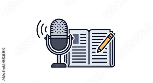 Illustration of a microphone with sound waves next to an open book and pencil on a white background.
