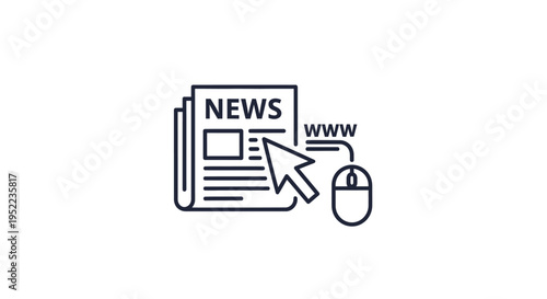 Line drawing of a computer mouse clicking on a newspaper with a website URL, simple black outline on a white background.