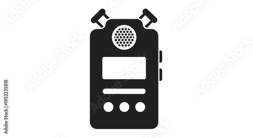 A black and white illustration of a handheld device with a screen and buttons against a clean white background.