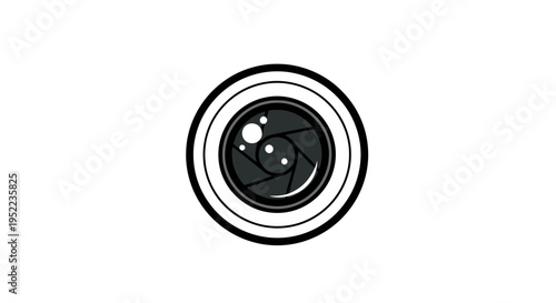 Black and white illustration of a camera lens on a plain white background with simple lines.