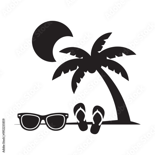 A minimalist illustration depicts a tropical beach scene with a palm tree sunglasses and flip flops