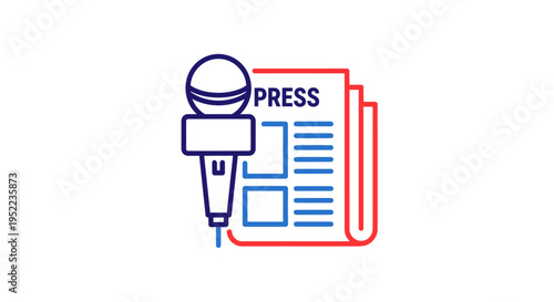 Graphic illustration of a microphone in front of a press newspaper with a bold color scheme on a white background.