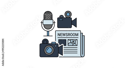 Flat lay illustration of a microphone, camera, video camera and newspaper with newsroom text on a clean white background.
