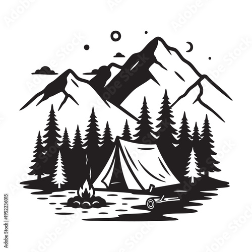 A stylized black and white illustration depicts a campsite with mountains trees and a crescent moon