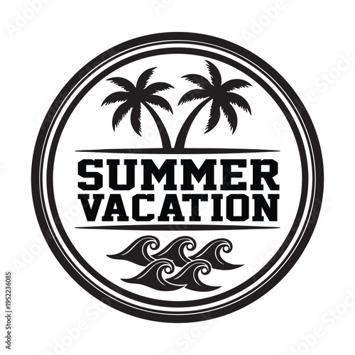 A black and white circular design featuring palm trees waves and the text summer vacation