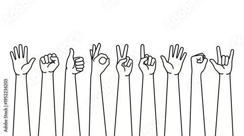 Line drawing of diverse hands raised in the air with various gestures for crowd participation, voting, and celebration