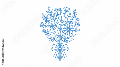 Blue line-drawn bouquet of flowers tied with a ribbon, intricate botanical illustration