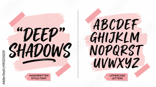 Deep shadows with pink-accent brush-script typography: decorative alphabet poster for modern hand-lettering and typography design