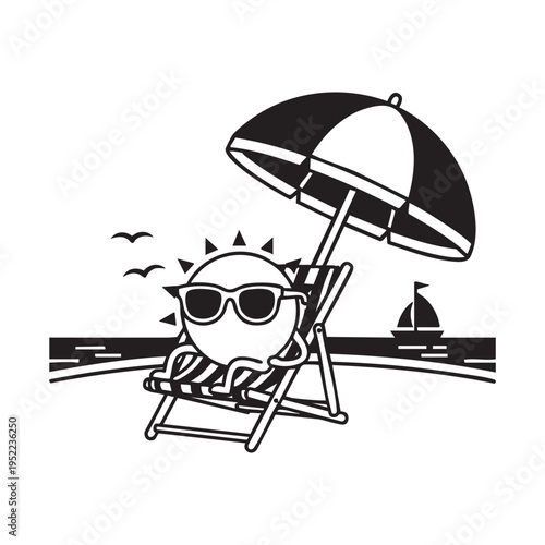 A cheerful sun character relaxes on a beach chair under a parasol with a seaside view