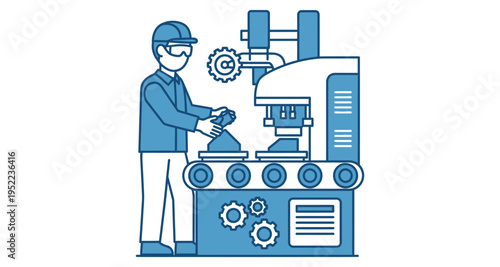 Worker Operates Automated Manufacturing Machine on Production Line Factory Setting Flat Design Style