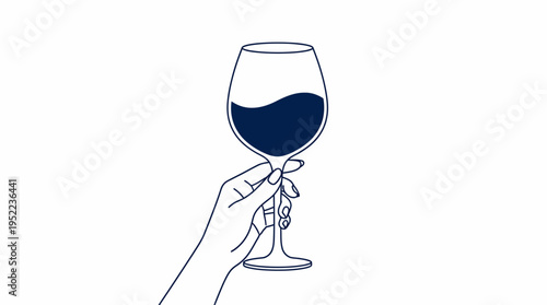 Minimalist line drawing of a hand holding a wine glass with dark wine - a clean vector illustration