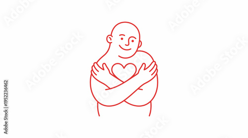 Minimal red line art of a smiling person hugging a heart, symbolizing love, care and self-acceptance