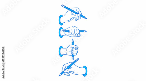Three blue line-art hand gestures illustrating pinch grip, press, and twist actions in a clear instructional sequence for UI design and education