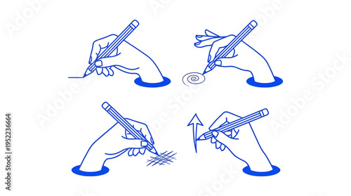 Step-by-step blue line art illustration of a hand drawing with a pen in four panels