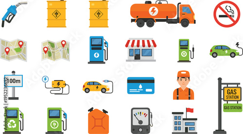 Fuel and Gas Station Icon Set Vector Illustration with Petrol Pump Oil Barrel Electric Car Charging and Energy Symbols