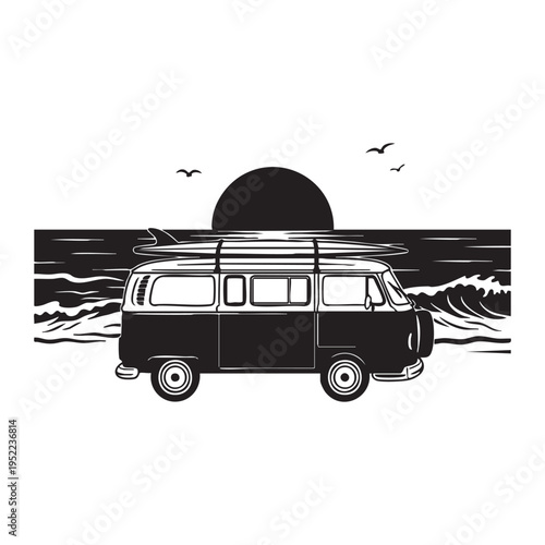 A black and white illustration depicts a vintage van with a surfboard set against a seascape
