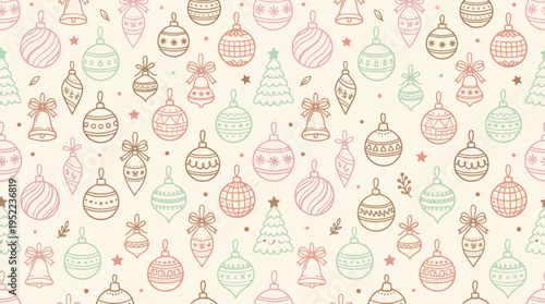 Pastel Christmas Ornament Pattern - Seamless Tileable Background with Pink, Mint, and Peach Baubles