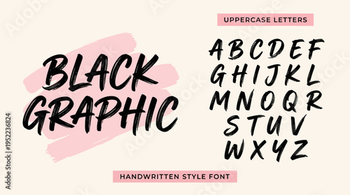 Bold black graphic handwritten uppercase alphabet A to Z with a pink accent label
