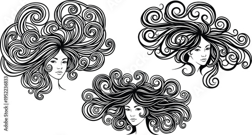 beautiful woman face, curly flowing hair, decorative swirl hairstyle, fashion beauty portrait, elegant female illustration, ornamental hair design vector