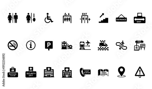 Public Signage and Navigation Glyph Icons Collection with Wayfinding Transport and Safety Symbols Vector