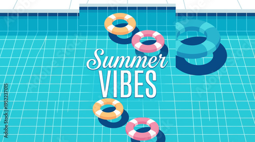 Sunny poolside scene with crystal-clear blue water, colorful inflatable rings, and the 'Summer Vibes' lettering for a vibrant summer lifestyle