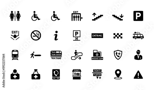 Public Navigation Solid Icons with Sign Symbols Wayfinding Transport and Accessibility Vector