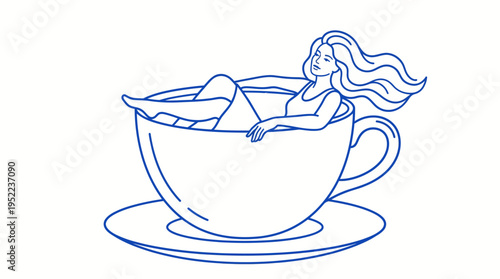 Whimsical line art illustration of a girl relaxing in a blue teacup on a saucer