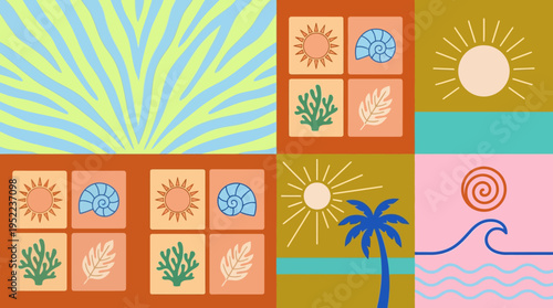 Vibrant tropical mosaic collage featuring palms, sun, waves, and coral motifs in a colorful beach scene artwork