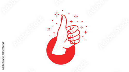 Red thumbs up hand icon with sparkles on a white background, bold vector illustration for positivity, approval, branding and social media promotion.