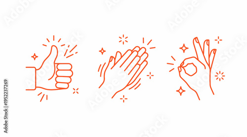Orange line-art illustration of three hand gestures: thumbs up, clapping, and OK sign, conveying approval, celebration, and positive feedback.