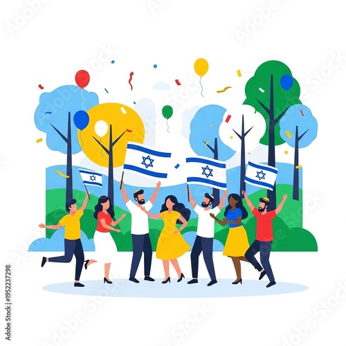 People celebrating Yom HaAtzmaut with Israeli flags and confetti
