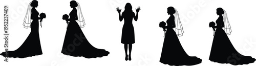 Wedding bride silhouettes collection isolated on white background elegant bridal poses bouquet veil female figures illustration set vector clipart design