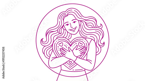 Line art illustration of a smiling woman hugging herself inside a circular frame, symbolizing self-love and body positivity