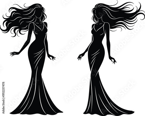 elegant woman silhouette, flowing hair lady, fashion model outline, long dress gown, glamour female figure, beauty vector illustration