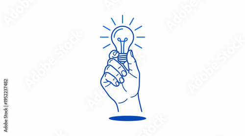 Blue line illustration of a hand with a lightbulb moment, symbolizing ideas, creativity, and a moment of insight.