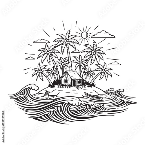 A tropical island illustration features palm trees a small hut ocean waves and a radiant sun