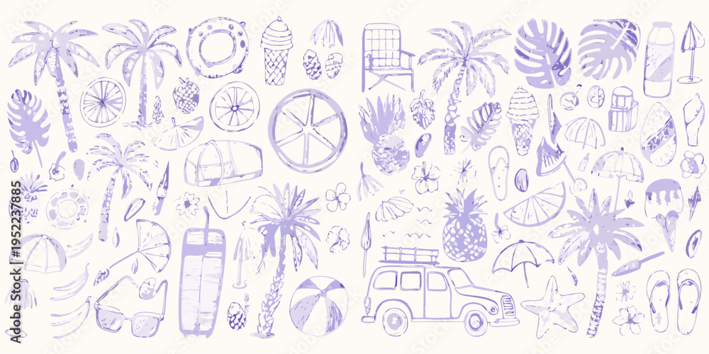 Fototapeta premium A whimsical collection of hand drawn summer and tropical themed illustrations