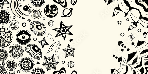 Hand drawn celestial shapes and patterns fill the left side of the image