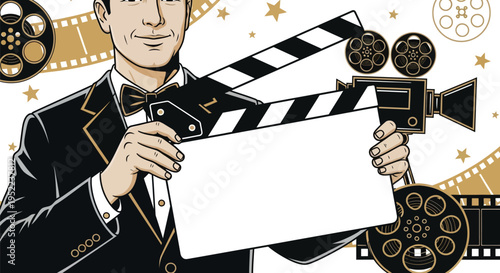 Retro man in tuxedo holding a blank movie clapperboard