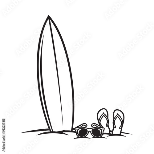 A black and white illustration depicts a surfboard with sunglasses and flip flops on sand