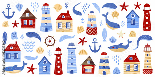 Colorful nautical illustration featuring lighthouses whales and seaside elements