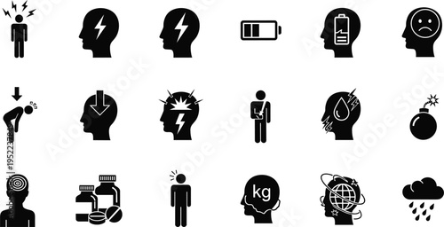 Mental Health and Stress Icon Set Vector Illustration with Anxiety Depression Headache Fatigue and Emotional Symbols