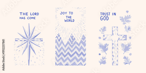 Three religious banners with biblical phrases and minimalist illustrations